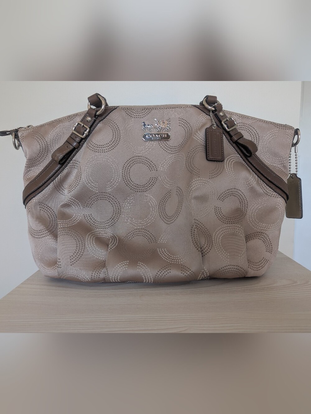 Coach Taupe Signature Tote Bag With Brown Leather Trim